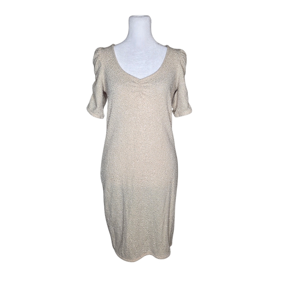 H&M Womens Gold Glitter Dress Ruffle Sleeves V Neck Knee Length Size Medium